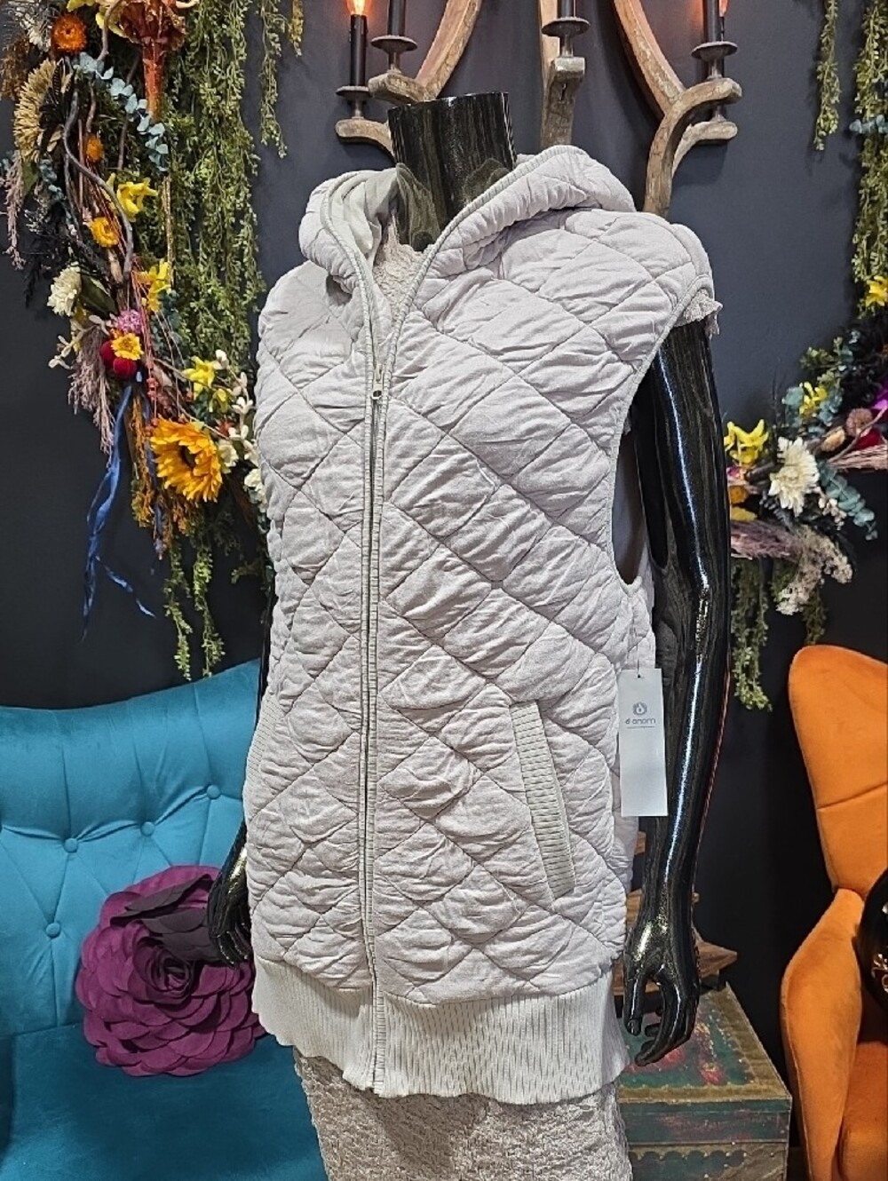 Bohme Quilted Hooded Sleeveless Puffer Vest in Light Taupe